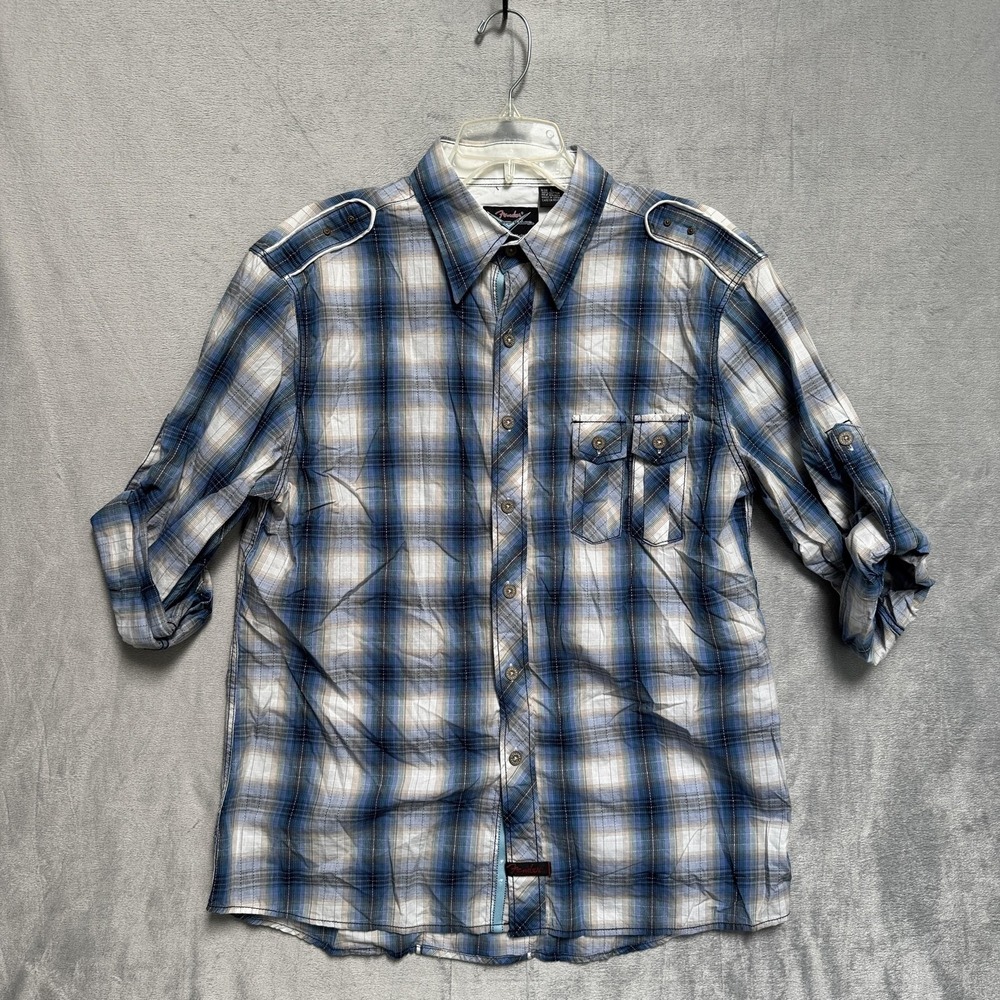 Fender Shirt Mens Large Blue Plaid Long Sleeve Button Up Rock Roll Religion